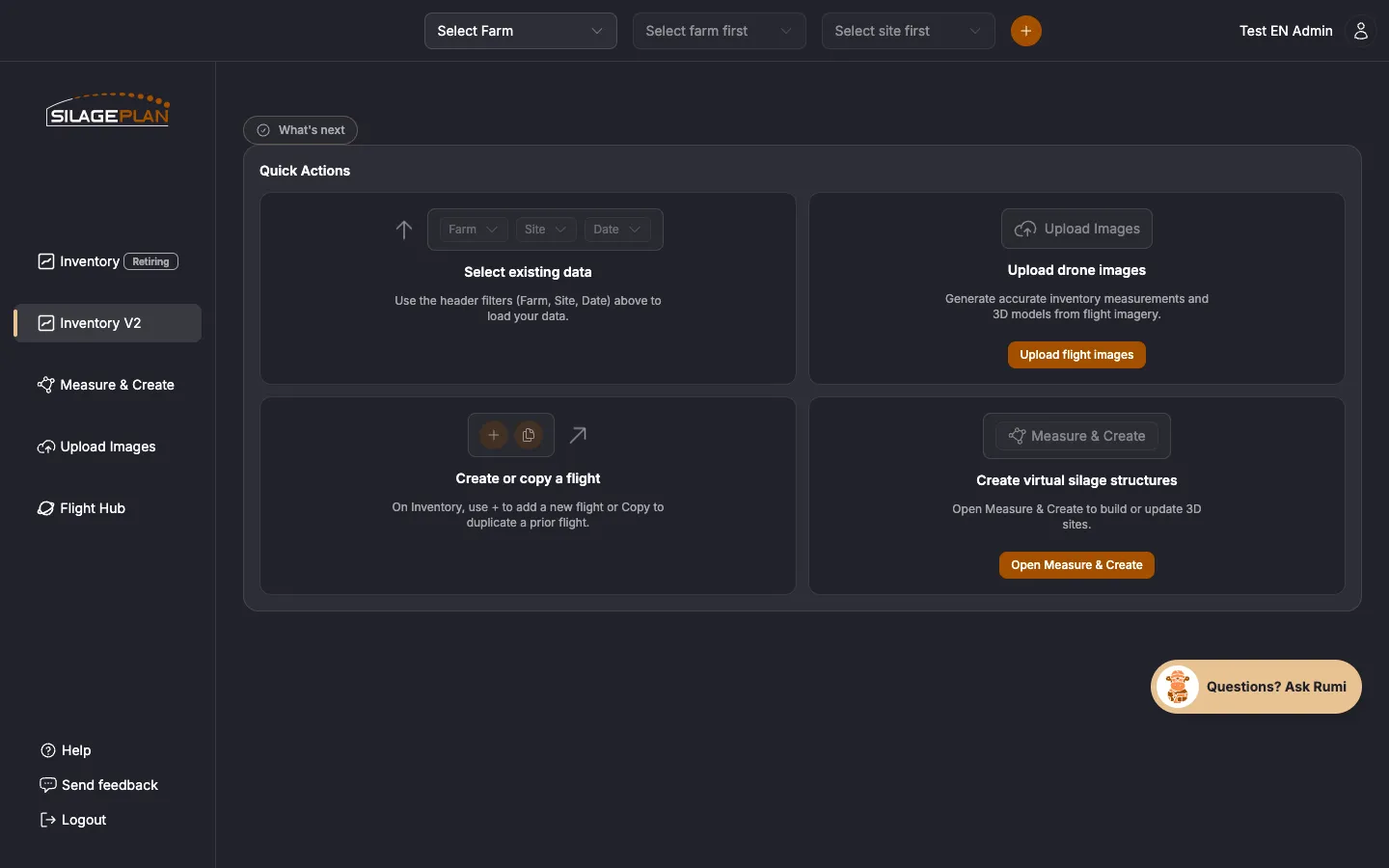 Inventory V2 dashboard showing the Quick Actions cards