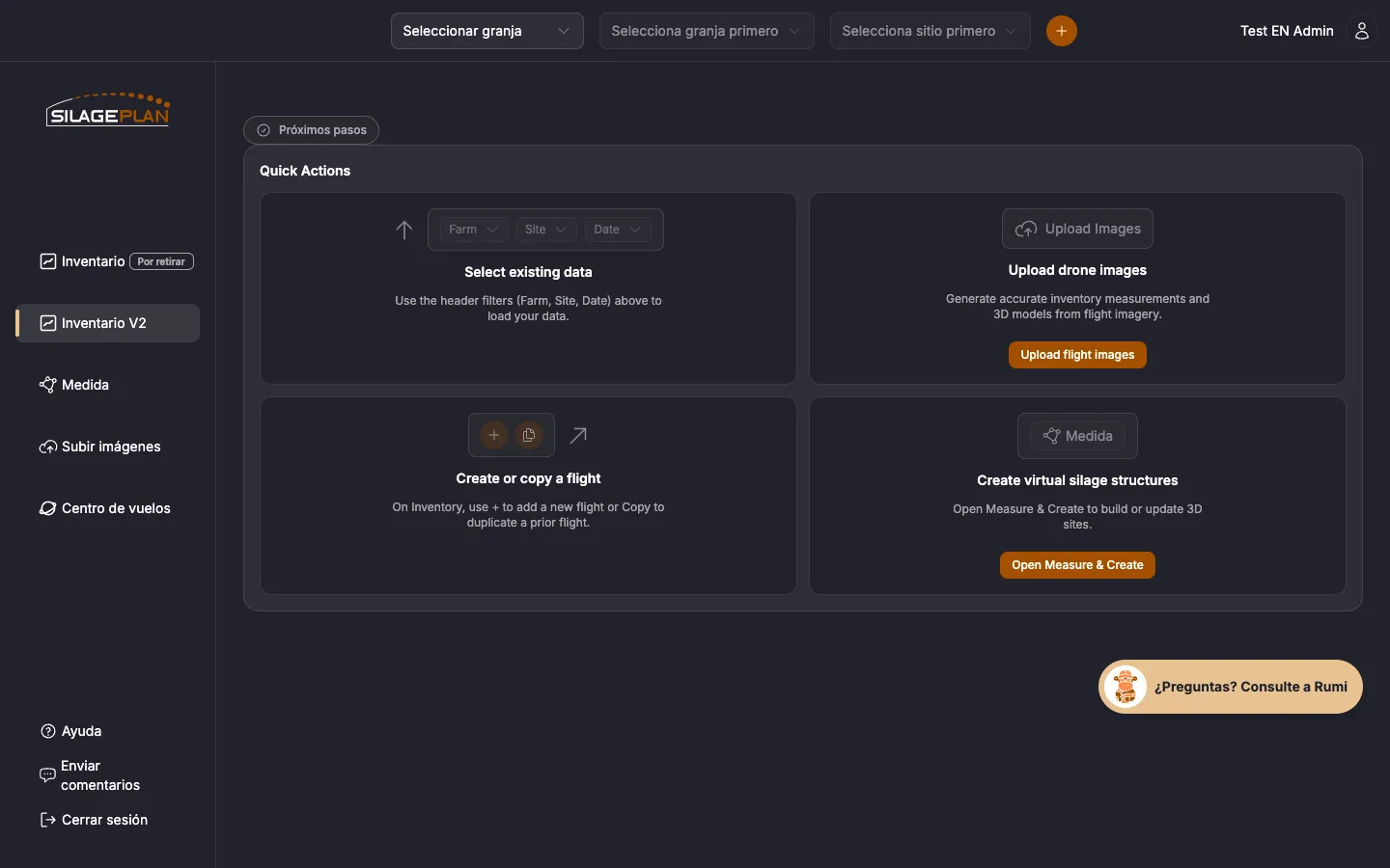 Panel de Inventario V2 mostrando las tarjetas de Quick Actions