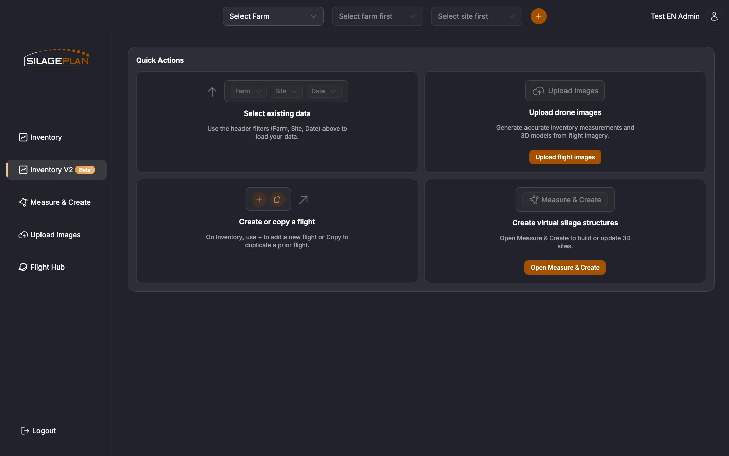 Inventory V2 dashboard showing the Quick Actions cards