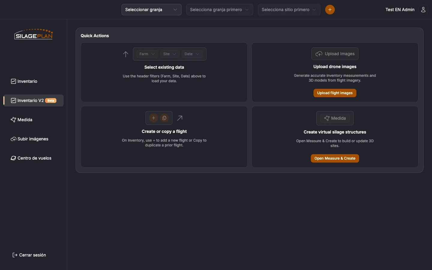 Panel de Inventario V2 mostrando las tarjetas de Quick Actions