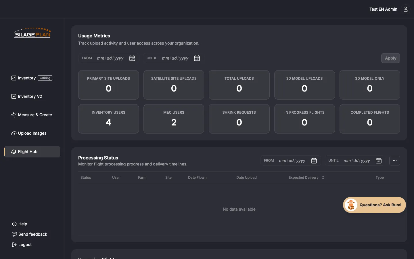 Flight Hub page showing user management, upcoming flights, and usage metrics