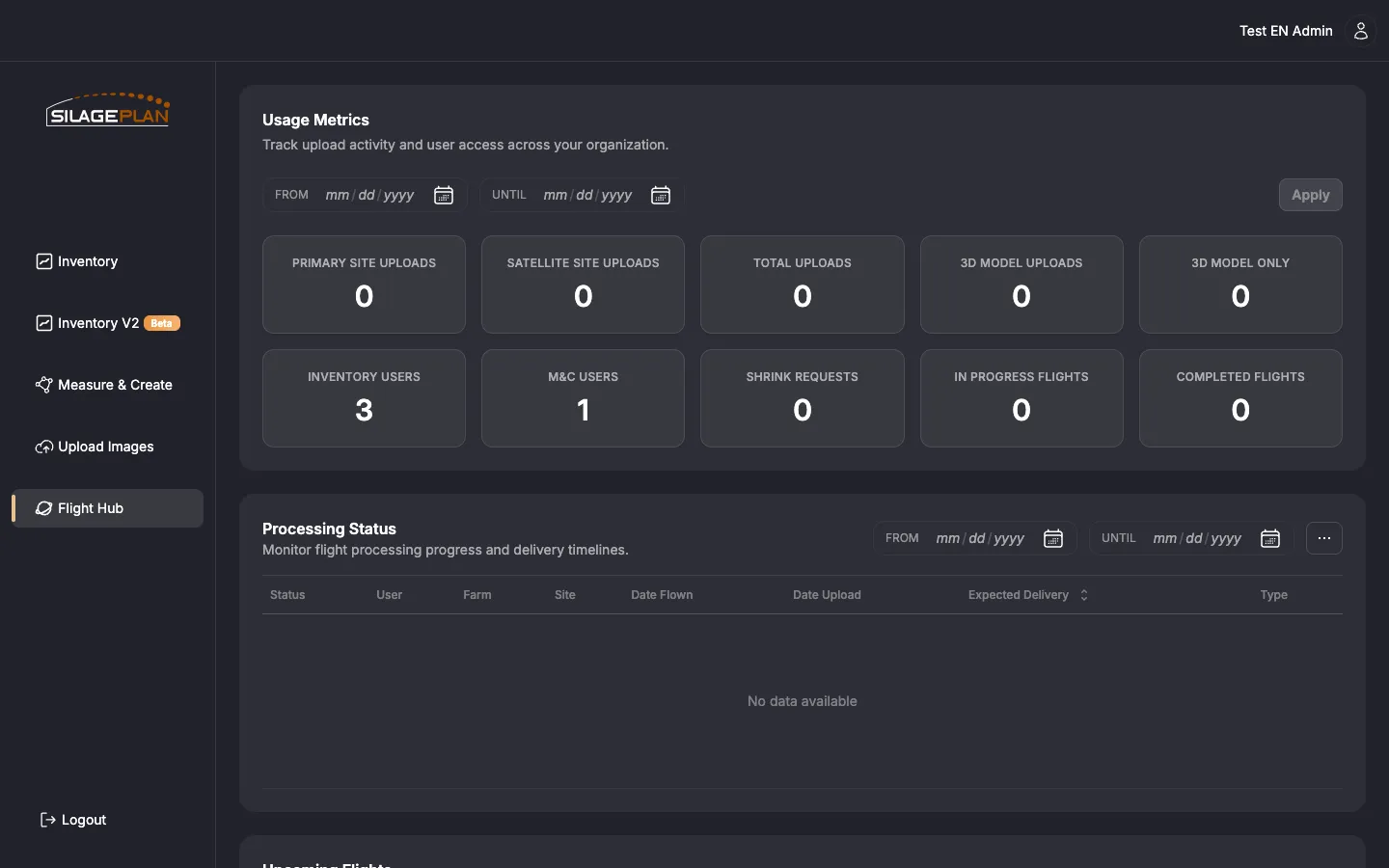 Flight Hub page showing user management, upcoming flights, and usage metrics