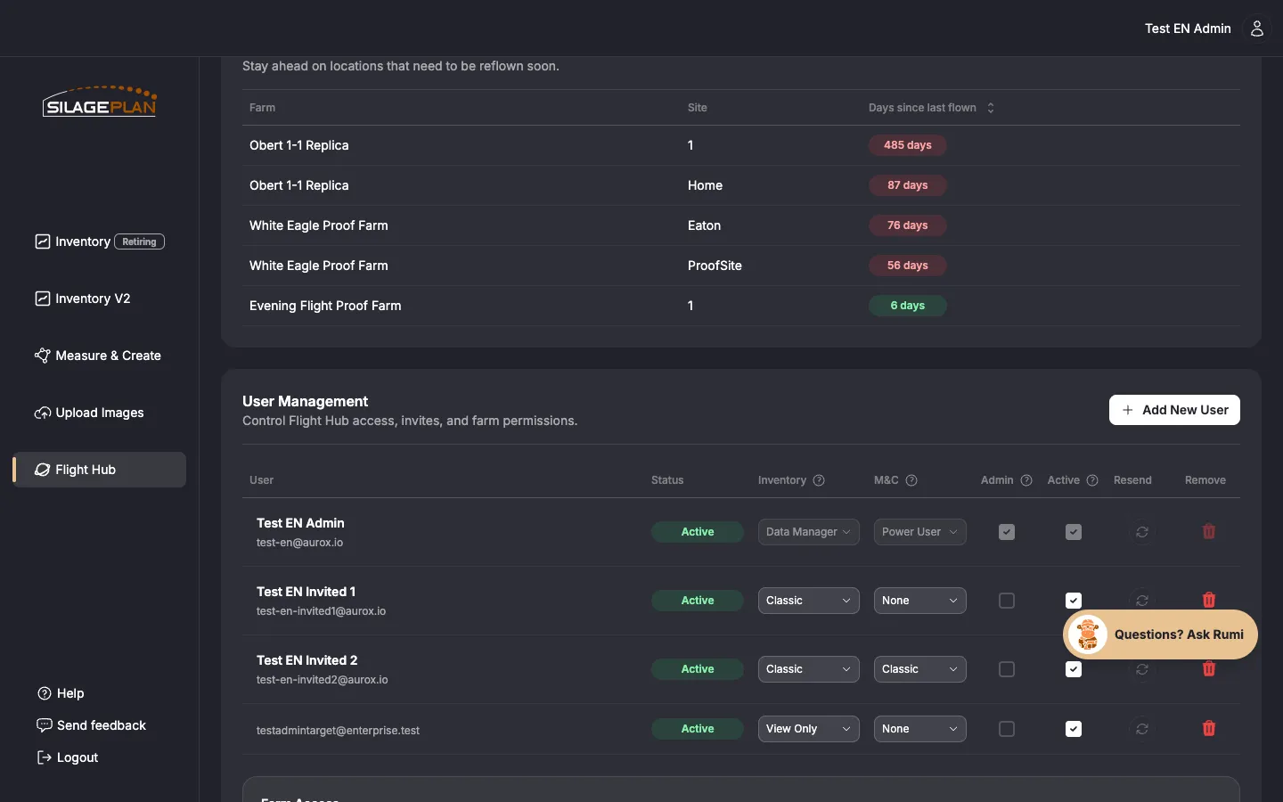 The User Management section in Flight Hub with team members and their roles