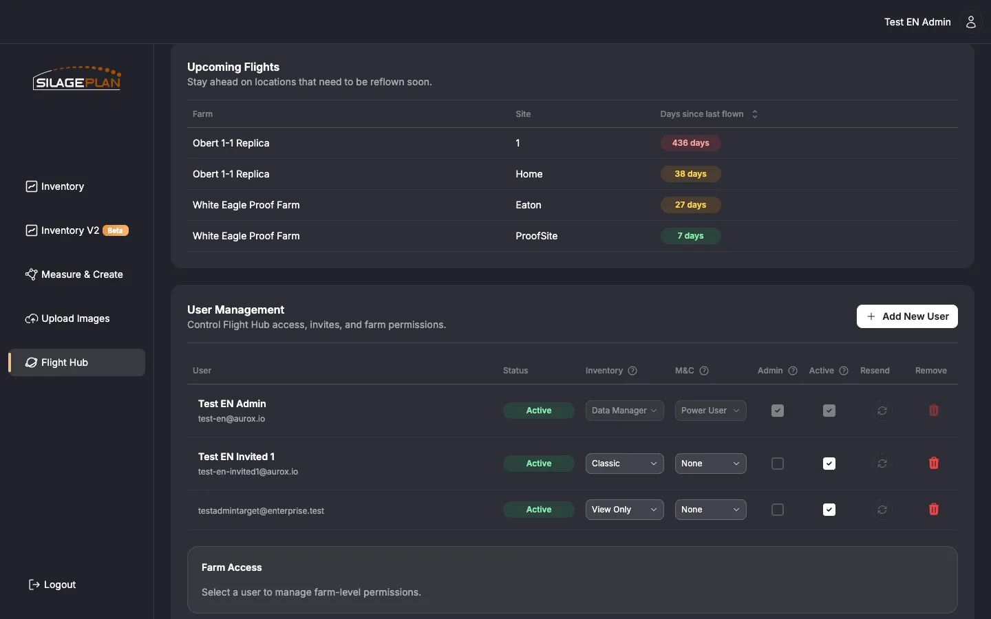 The Upcoming Flights table and User Management section in Flight Hub