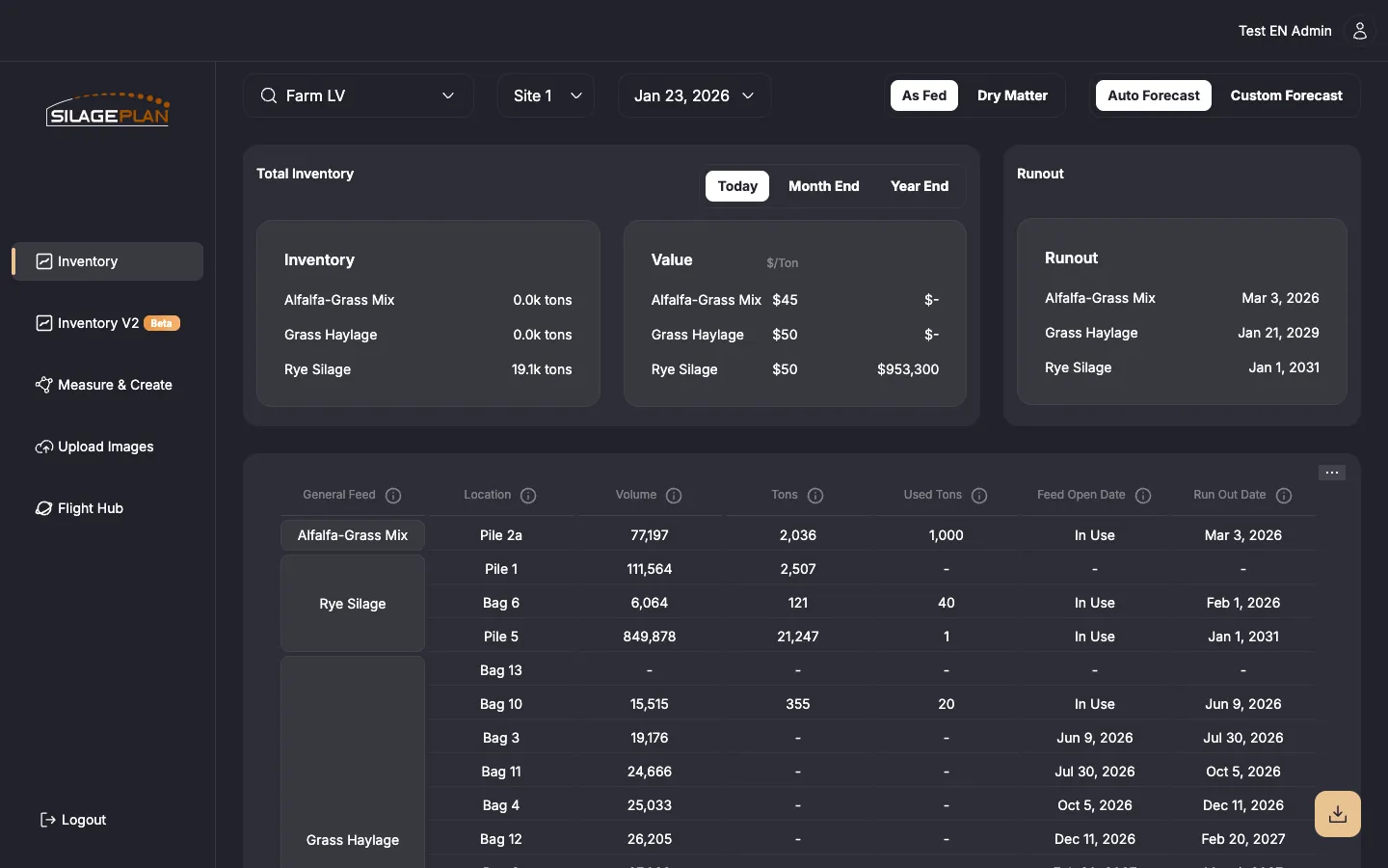 The Inventory page showing filters, total inventory, and the feed table