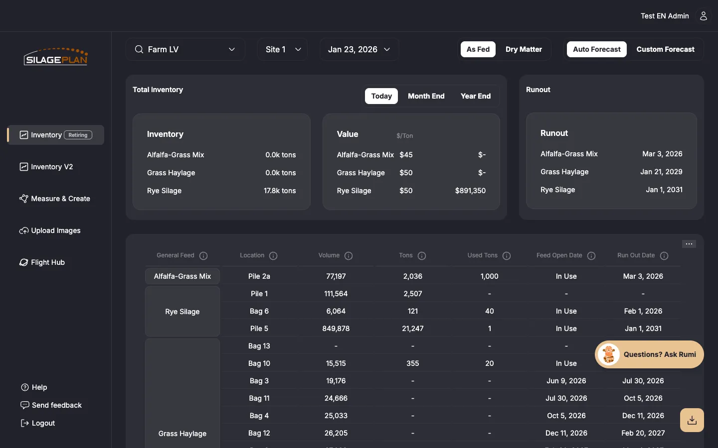 The Inventory page showing filters, total inventory, and the feed table