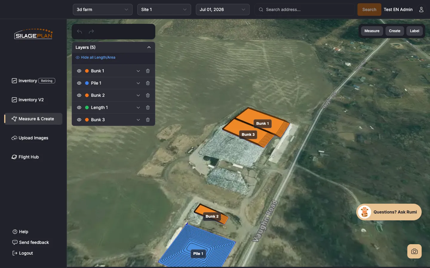 Measure & Create page showing an interactive 3D model of a silage pile