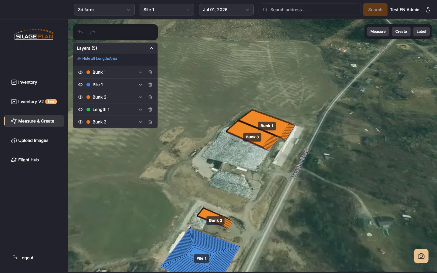 Measure & Create page showing an interactive 3D model of a silage pile