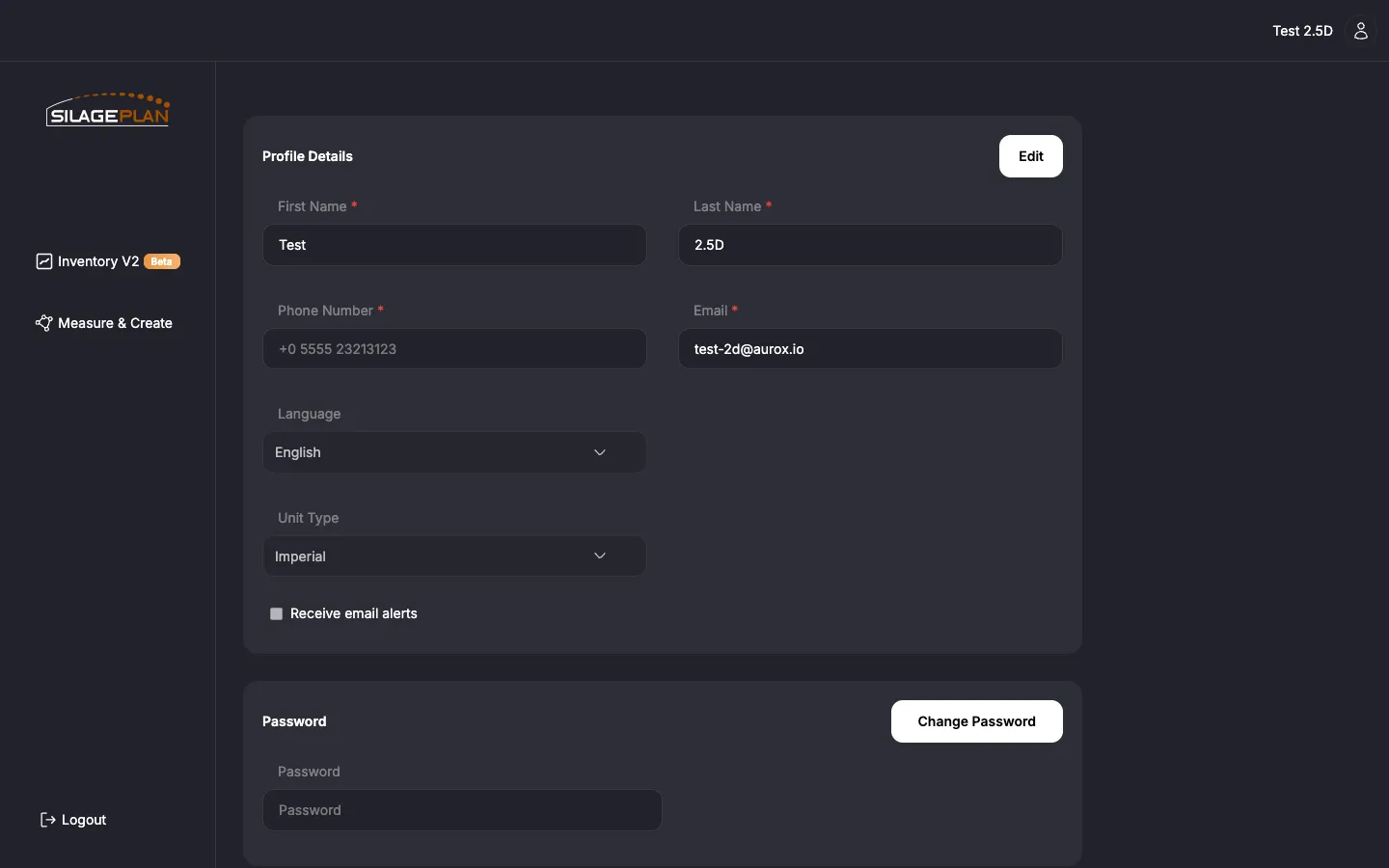 Settings page showing the Profile Details section with language and unit type options