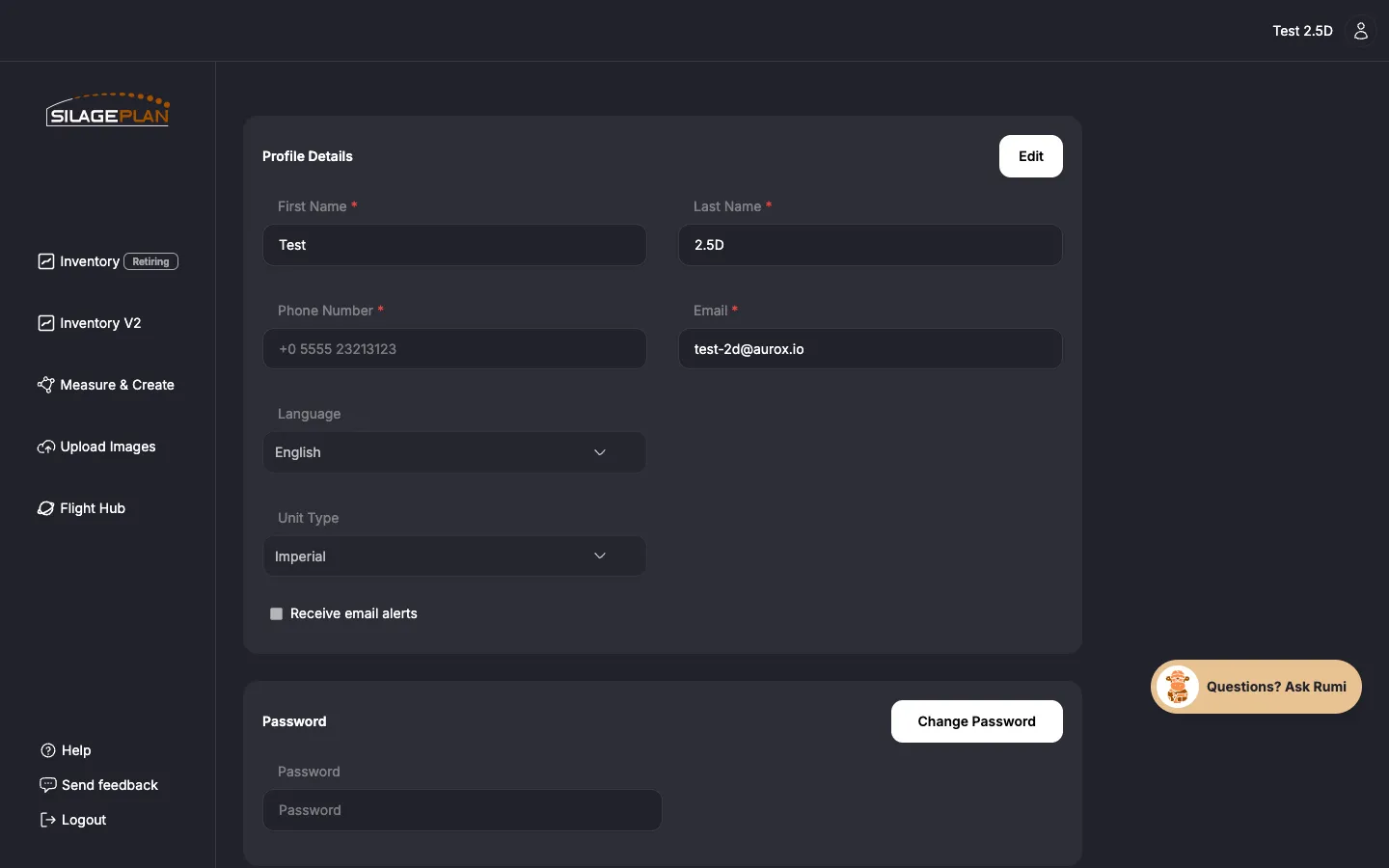 Settings page showing the Profile Details section with language and unit type options