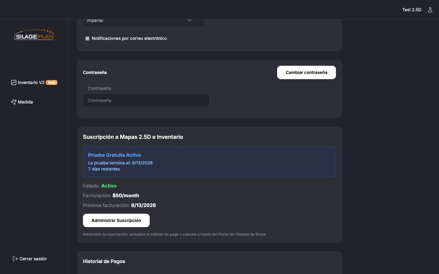 Página de Configuración mostrando la sección de Suscripción a Mapas 2.5D e Inventario con el botón Administrar Suscripción y el Historial de Pagos