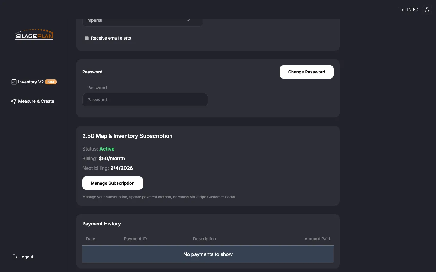 Settings page showing the 2.5D Map & Inventory Subscription section with Manage Subscription button and Payment History