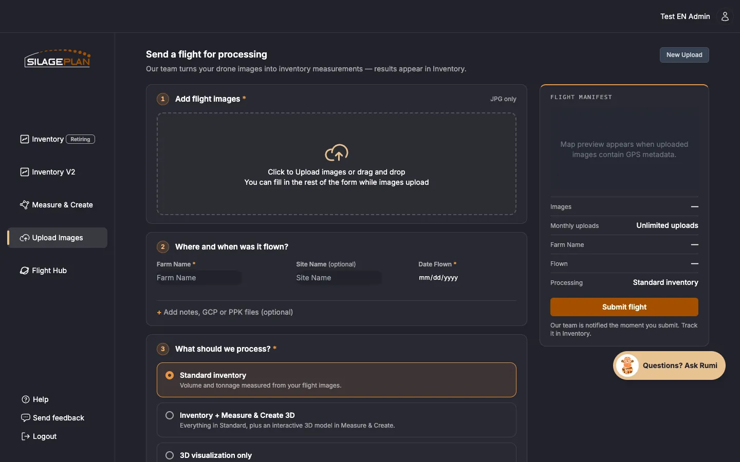 SilagePlan upload page with the three steps and the Flight Manifest panel