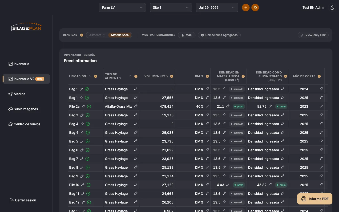 La tabla de edición Feed Information en Inventario V2