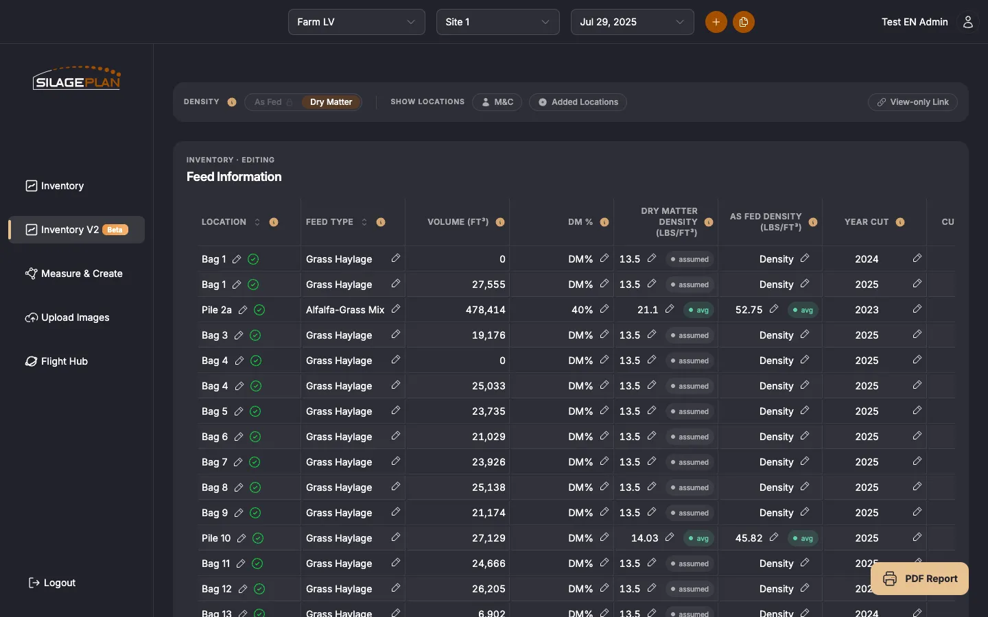 The Feed Information editing table in Inventory V2