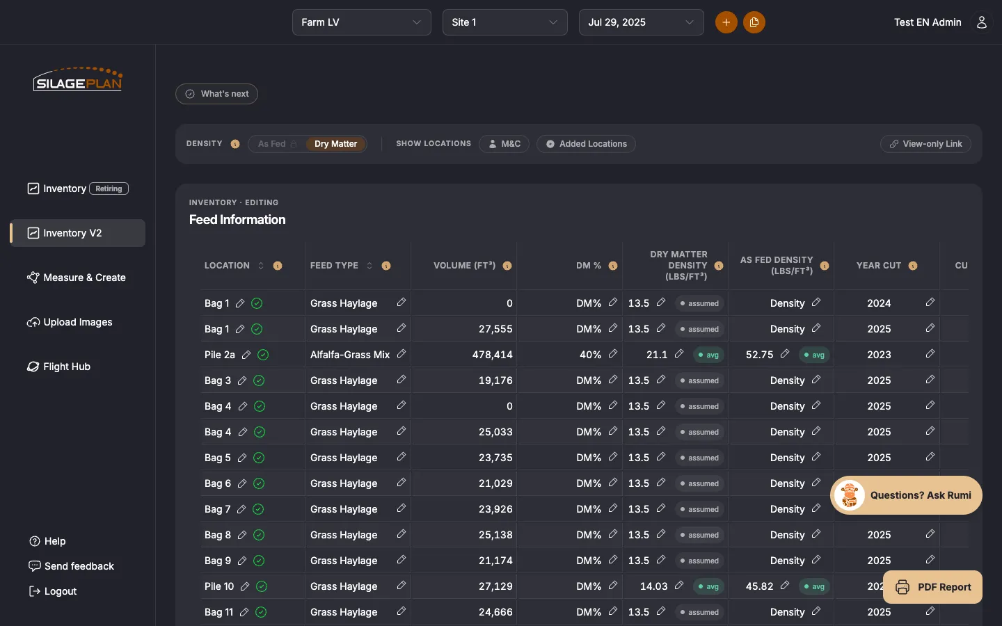 The Feed Information editing table in Inventory V2
