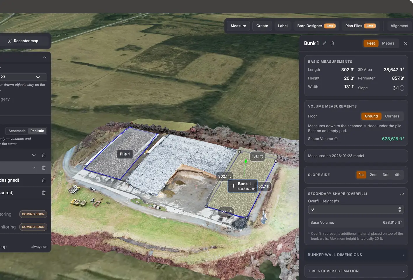SilagePlan 3D model of a farm feed site with a silage pile and bunker outlined